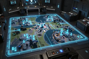 Orbitant Tactics - tactical sci-fi strategy game cover showing a holographic alien battle map in a futuristic war room