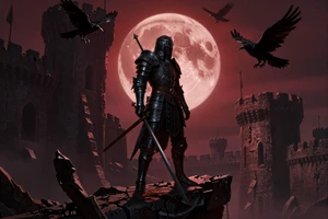 Morrowglass Accord - dark fantasy RPG cover art featuring an armored warrior beneath a crimson moon