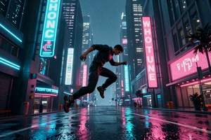 Pulse Runner District - cyberpunk parkour game cover showing a runner leaping between rain-soaked neon-lit skyscrapers